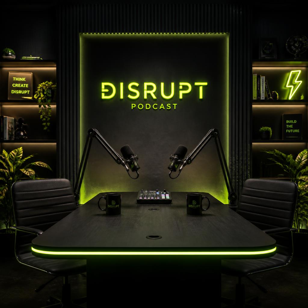 Estúdio do podcast Startups Dilemma com microfones e iluminação neon